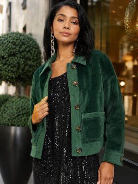 MYSTREE Emerald Green Faux Fur Jacket | Cropped Button Front Coat | Soft Luxe